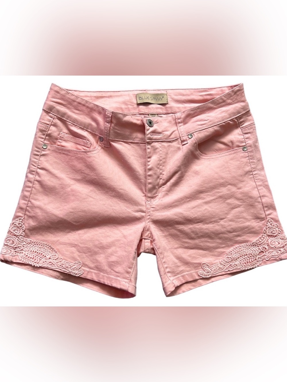 Blue Savvy Pink Lace Embroidered Denim Shorts Size 14 Coquette Boho